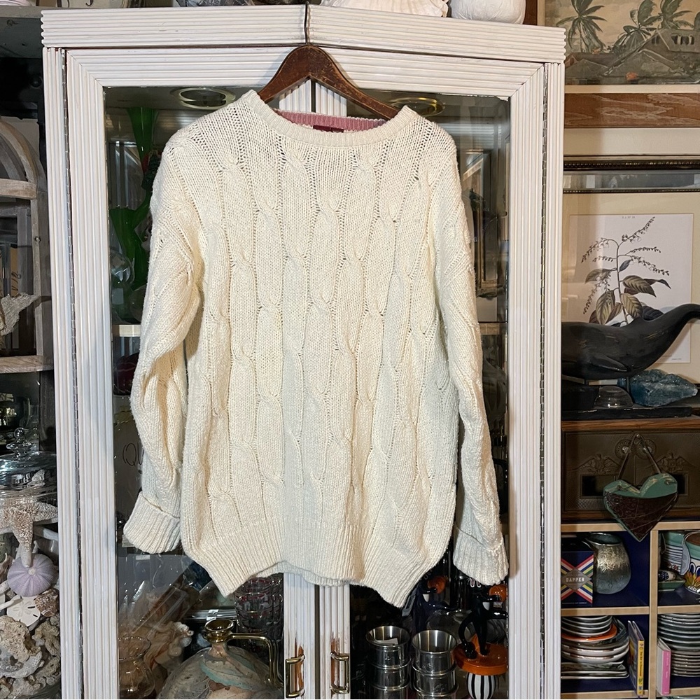 Vintage cream white cotton fisherman grandpa sweater M
